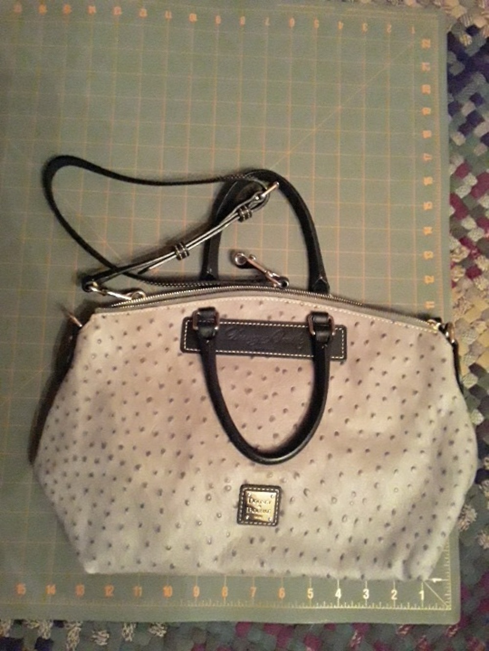 Like New Dooney & Bourke Grey Exotic Ostrich Embossed Leather Zip Satchel